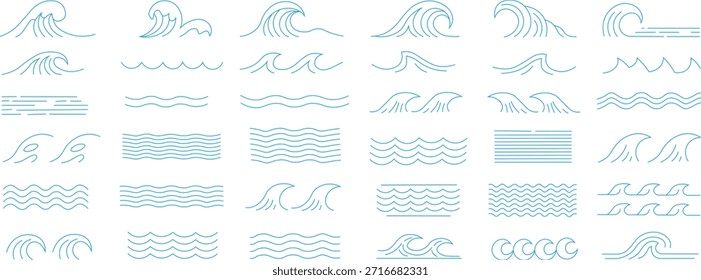 Ocean Wave Line Art Vector Set – Water Waves, Sea Lines, and Surf Elements