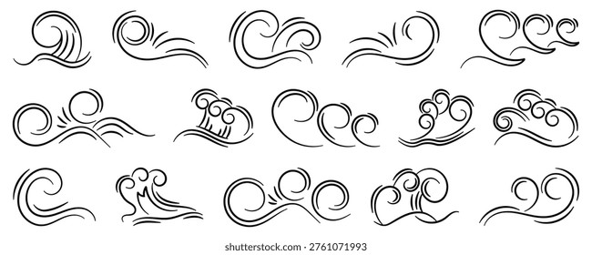 Ocean wave line icons set. Stylized water curls and splashes in clean linear design for sea and marine themed elements
