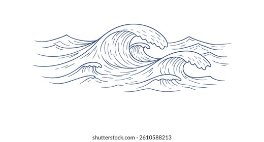 Ocean wave linear art on white background. Banner template for logo, holiday, travel, spa and relax style. Vector banner drawing minimalistic design of wave, sea foam and breeze with copy space