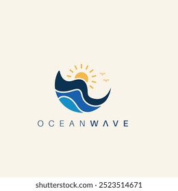 Círculo do logotipo da onda do oceano, Pássaro do sol com logotipo das ondas 
