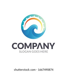 Ocean Wave Logo, Sea and Sunrise Vector Logo