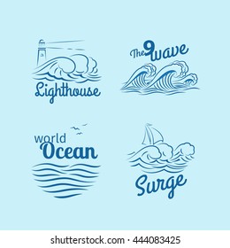 Ocean wave logo set. Emblems with waves, lighthouse and boat vector