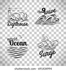 Ocean wave logo set, emblems with waves, lighthouse and boat vector isolated on transparent background