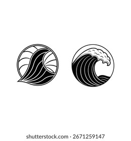 Ocean Wave logotypes. Water splashes logo, flowing liquid motion curves stripes swirls silhouettes set vector illustration