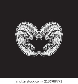 Ocean wave love shape drawing illustration.