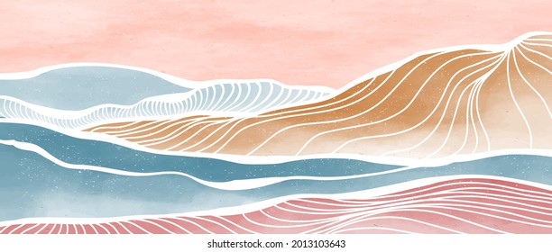 ocean wave and mountain. Creative minimalist modern line art print and hand painted. Abstract contemporary aesthetic backgrounds landscapes. vector illustrations