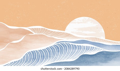 Ocean wave and mountain. Creative minimalist modern painting and line art print. Abstract contemporary aesthetic backgrounds landscapes with sea, skyline, wave and moon. vector illustrations