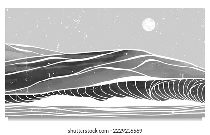 Ocean wave and mountain landscape in black and white. Abstract contemporary aesthetic backgrounds landscapes. Creative minimalist modern paint and line art print. vector illustrations