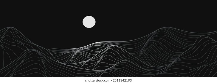 Ocean wave and mountain landscape illustrations. Creative minimalist modern line art print. with Ocean, mountain, hills, sea, waves and the moon