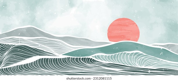 Ilustración de olas oceánicas y montañas. Pintura de arte moderno y minimalista creativa y patrón de arte lineal. Resumen de los paisajes estéticos contemporáneos. con mar, horizonte, ola oceánica