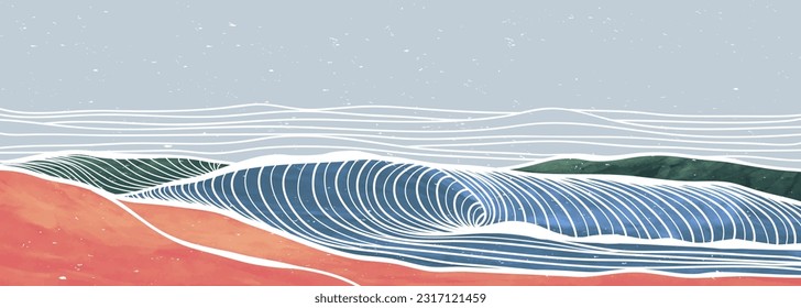 Ocean wave and mountains illustration. Creative minimalist modern art painting and line art pattern. Abstract contemporary aesthetic backgrounds landscapes. with sea, skyline, ocean wave