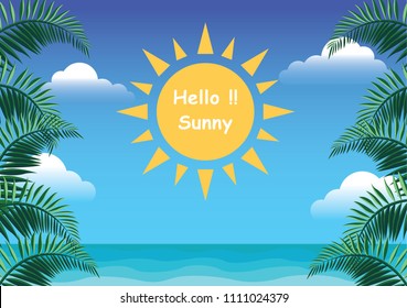 Ocean wave on afternoon summer sky vector background with coconut leaves.