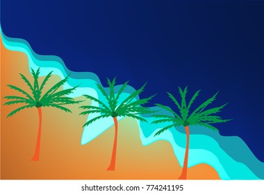 ocean wave on sand beach with three palm, vector art and illustration