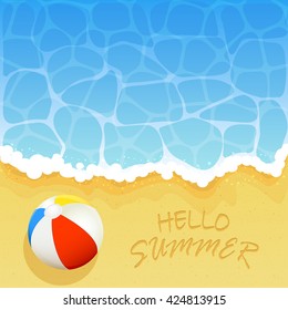Ocean wave on a sand with colored beach ball and inscription Hello Summer, illustration.