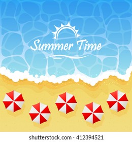 Ocean wave on a sandy beach with umbrellas and inscription Summer time, illustration.
