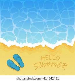Ocean wave on a sandy beach with flip flops and inscription Hello Summer, illustration.