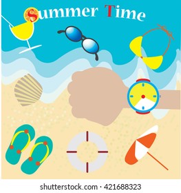 Ocean wave on a sandy beach with hand wearing a watch, icons and inscription Summer time