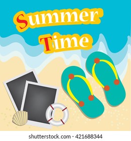 Ocean wave on a sandy beach with flip flops and photo frame and inscription Summer time