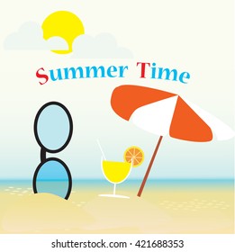 Ocean wave on a sandy beach with sun glasses umbrella and inscription Summer time