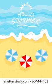 Ocean wave on a sandy beach with umbrellas and lettering Summer time, illustration.