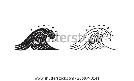 Ocean wave outline art with transparent background