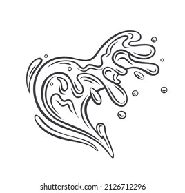 Ocean wave outline. Drawn monochrome sea waves tide splash, splash water motion, with spray, marine surf wave, and sea storm elements, vector illustration in retro style.