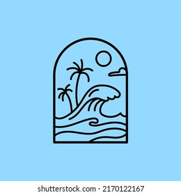 ocean wave with palm tree tropical island beach for summer vacation holiday badge logo design vector illustration