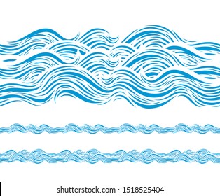 Ocean Wave Pattern Isolated on White. Marine Decorative Abstract Design. Water Background. Vector Illustrations.