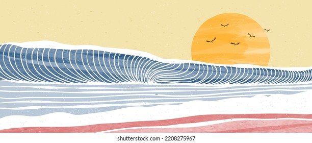 Ocean wave poster. Creative minimalist modern paint and line art print. Abstract contemporary aesthetic backgrounds landscapes. with ocean, sea, beach and wave. vector illustrations