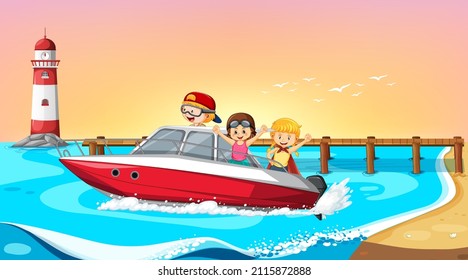 Ocean wave scenery with children on a boat illustration