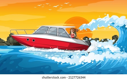 Ocean wave scenery with a woman driving a boat illustration