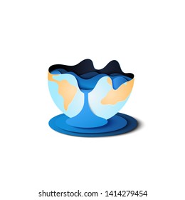 Ocean wave and sea in the globe background template paper art style.Environment and ecology conservation concept.Vector illustration.