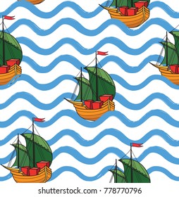 Ocean wave seamless pattern with anchor. Stylish marine water background. Line ornamental sea wallpaper Water wave line stripe texture