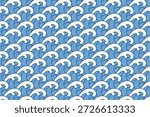 Ocean wave seamless pattern in blue and white background. Blue seamless pattern with ocean wave motifs. Stylized wave repeating pattern illustration background