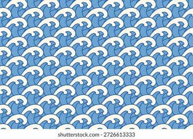 Onda oceânica padrão sem emenda em fundo azul e branco. Padrão sem costura azul com motivos de ondas oceânicas. Plano de fundo de ilustração de padrão de repetição de onda estilizada