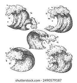 ocean wave set hand drawn. nature beach, sky horizon, texture summer ocean wave vector sketch. isolated black illustration