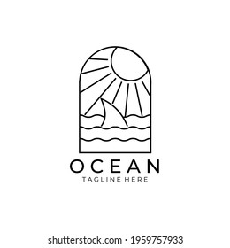 Ocean Wave shark badge Line Art Logo vector Illustration design