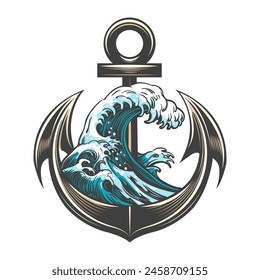 Ocean Wave and Ship Anchor Engraving Colored vector Illustration isolated on white. No AI software was used.