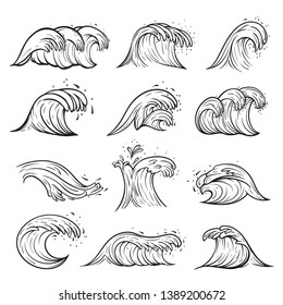 Ocean wave sketches set, weather marine storm. Beautiful graphic curl, storm in tropical place. Vector hand drawn sea wave illustration