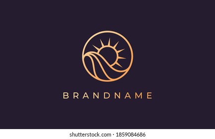 Ocean wave and sun in a circle with a gold line art style suitable for logo and icon