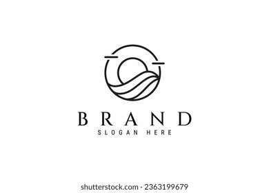 ocean wave and sun line art logo design in circle frame