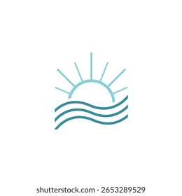 Ocean Wave y Sun Line Art Logo Vector Imagen. Imagen de Vector minimalista con logotipo de sol y océano de la onda del arte de la línea.