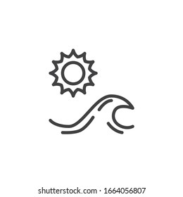 Ocean wave and sun line icon. linear style sign for mobile concept and web design. Sun and sea outline vector icon. Summer travel symbol, logo illustration. Vector graphics