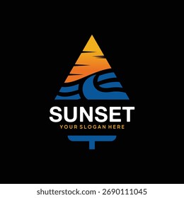 Ocean wave and sun logo design with creative sunset and sunrise concept