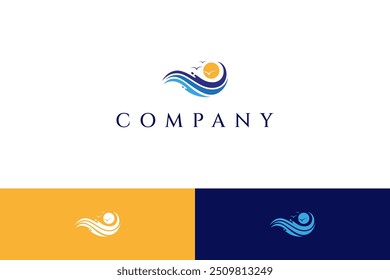 Onda oceânica e logotipo do sol em estilo de design plano