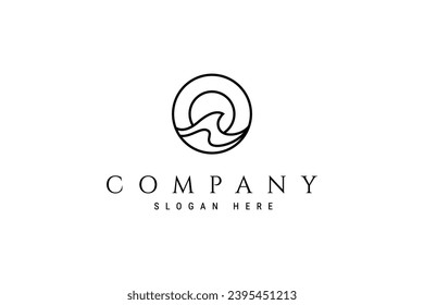 Icono del logotipo del sol de ondas oceánicas vectorial en la ilustración de contorno lineal del concepto de círculo. plantilla de diseño creativa mínima.