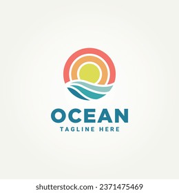 ocean wave and sun minimalist logo template vector illustration design. simple modern vacation, adventure, holiday logo concept