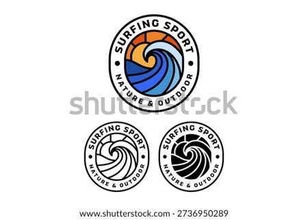Ocean wave with sunset retro badge logo design set for outdoor sport. Surfing wave with sunrise vintage patch sticker pack for adventure. Dynamic swirl wave modern emblem element design for lifestyle