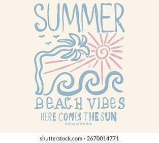 Ocean wave, Sunshine soul. Here comes the sun. Enjoy summer. Sunshine paradise graphic print design. Beach modern abstract art.