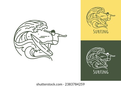 Ocean wave surfing line art logo with man surfing on rolling ocean wave